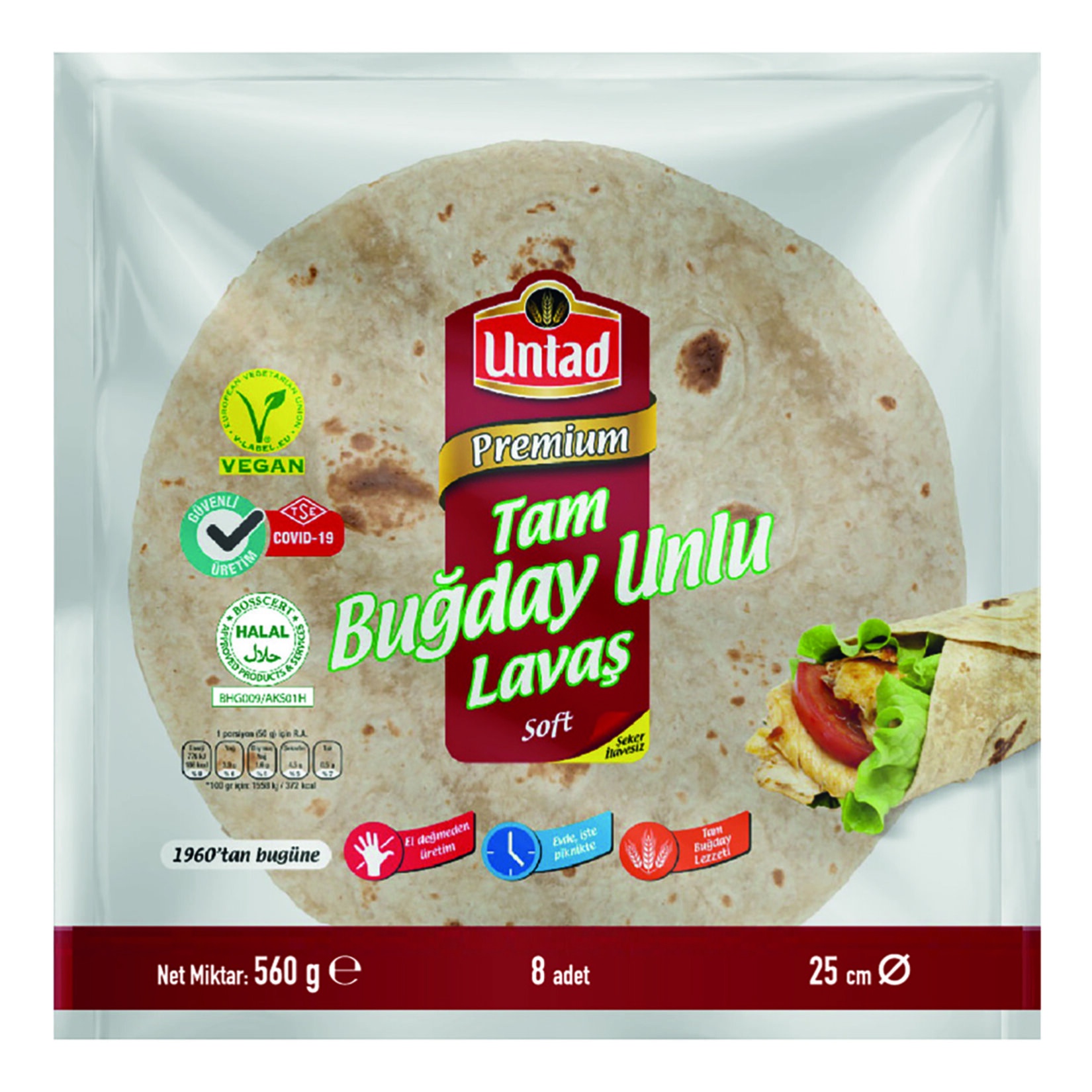 Untad Premium Tam Buğday Unlu Lavaş 8 Adet 560 Gr