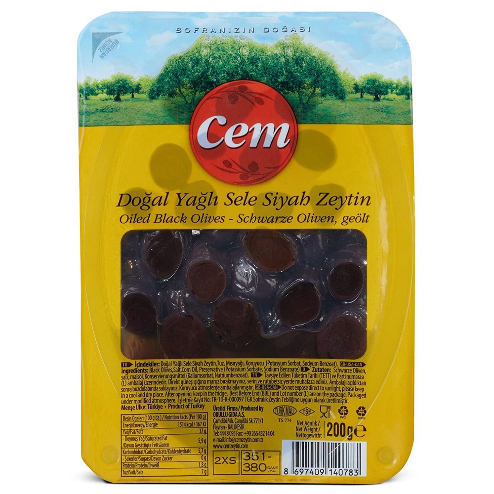 Cem Doğal Yağlı Sele Siyah Zeytin 351-380 200 Gr